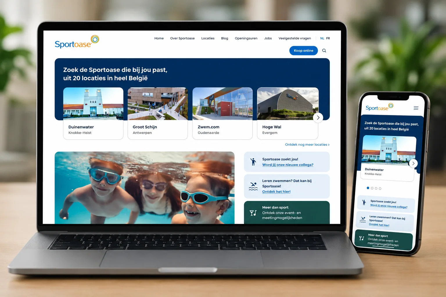 De nieuwe website van Sportoase op een scherm